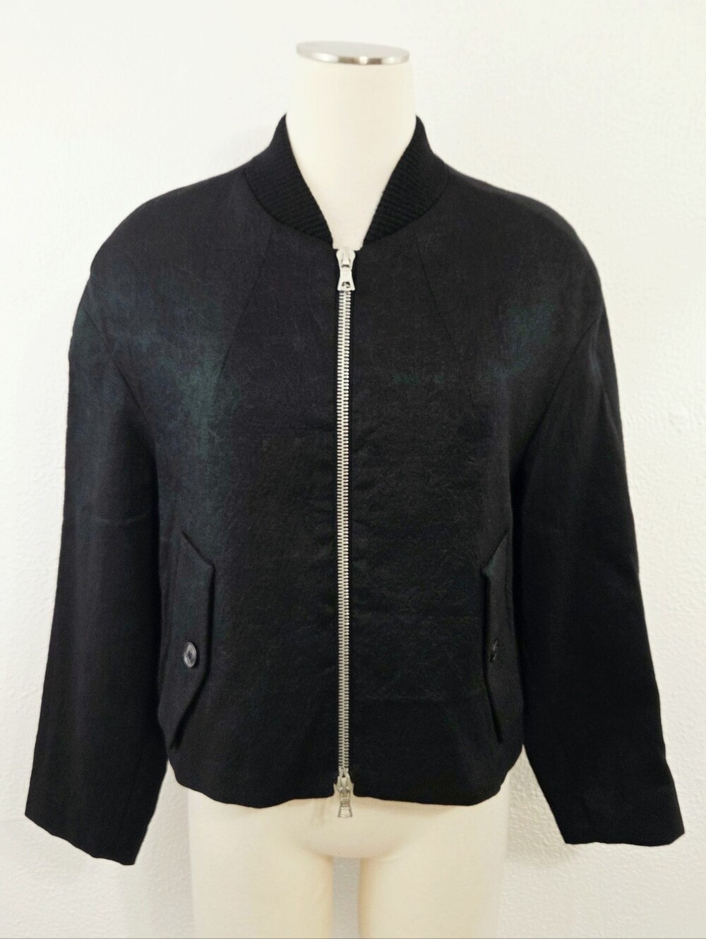 Dries Van Noten Cropped Wool Linen Bomber Jacket Green Black designer size 40